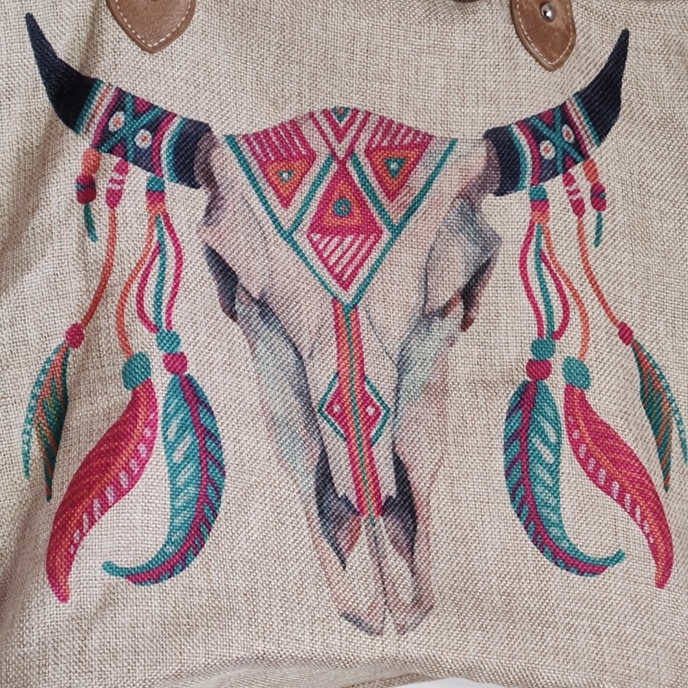 Montana West Burlap Tan Tote Bag with Tribal Design - Picture 3 of 16